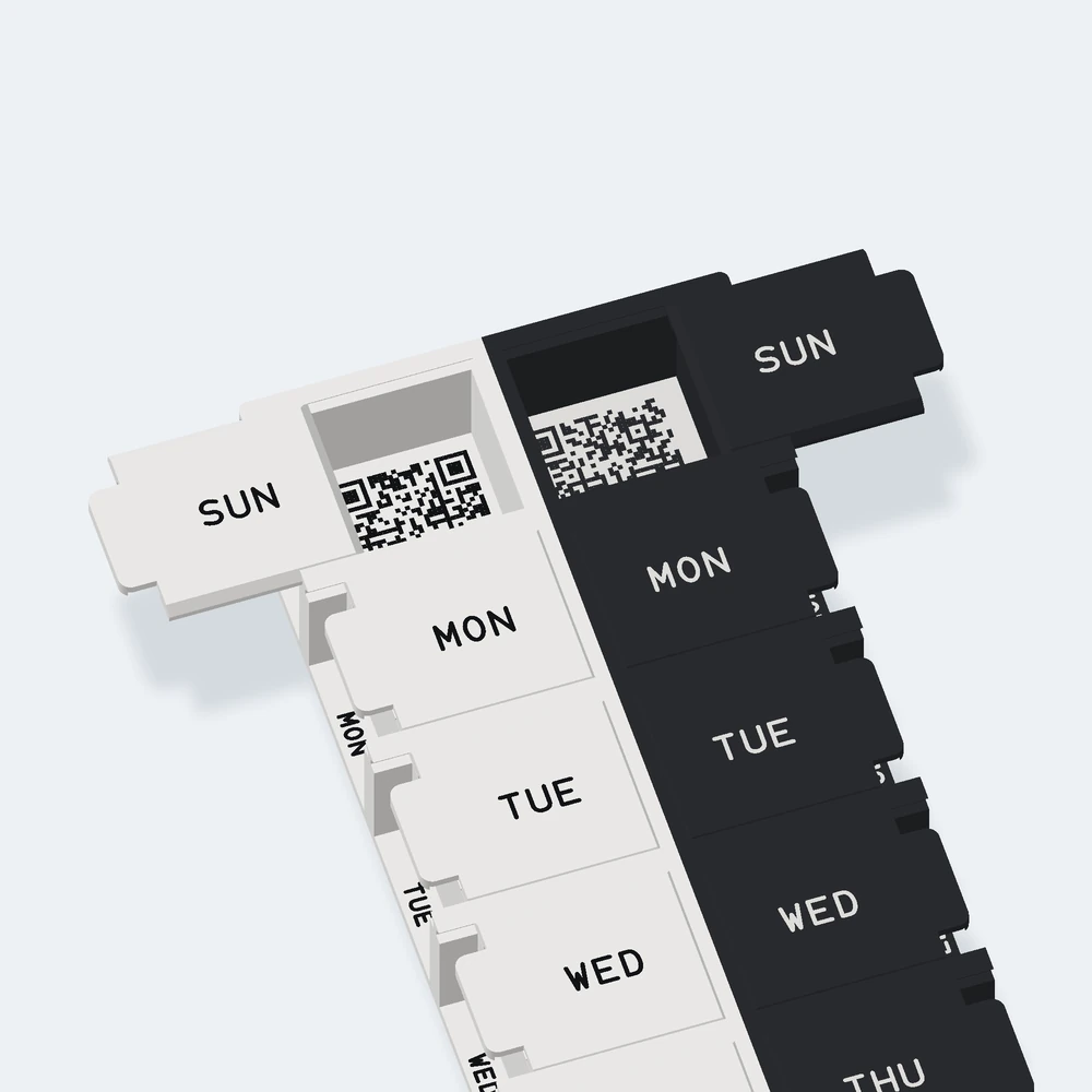 3D render close-up of the organizer’s Sunday end: the white morning SUN lid slid out to the left and the black evening SUN lid slid out to the right, each to its stop, uncovering a black-on-white demo QR code on each compartment floor, side by side.