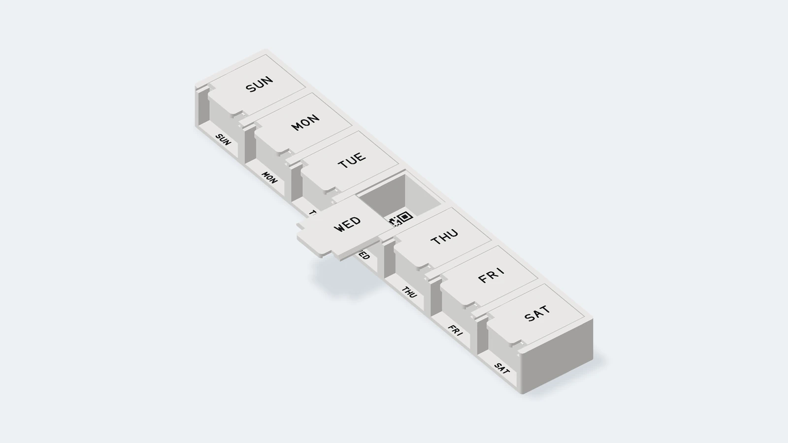 3D render of the single white Pesky Pill organizer, tilted and seen long side up: seven compartments, SUN at the far end, with white lids and black day names, the Wednesday lid slid out to the left to its stop and a demo QR code on the compartment floor.