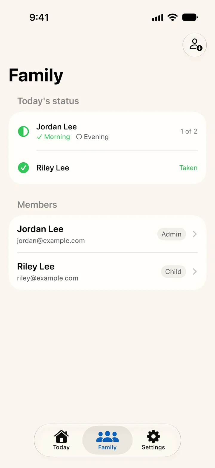 Pesky Pill Family screen on iPhone for a sample household: today's status shows Jordan Lee with 1 of 2 taken, Morning taken and Evening not yet, and Riley Lee taken, above the member list with Jordan as Admin and Riley as Child.