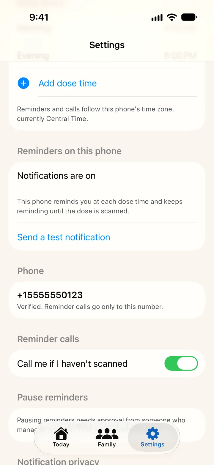 Pesky Pill Settings on iPhone for a sample account, showing that notifications are on, a verified fictional phone number, and Call me if I haven’t scanned switched on.